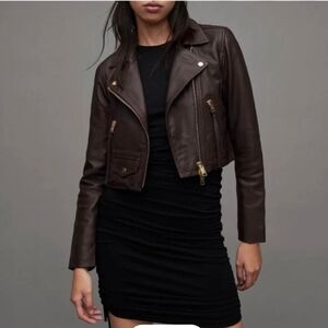 Allsaints oxblood brown red gold hardware lamb leather elora cropped jacket US 6